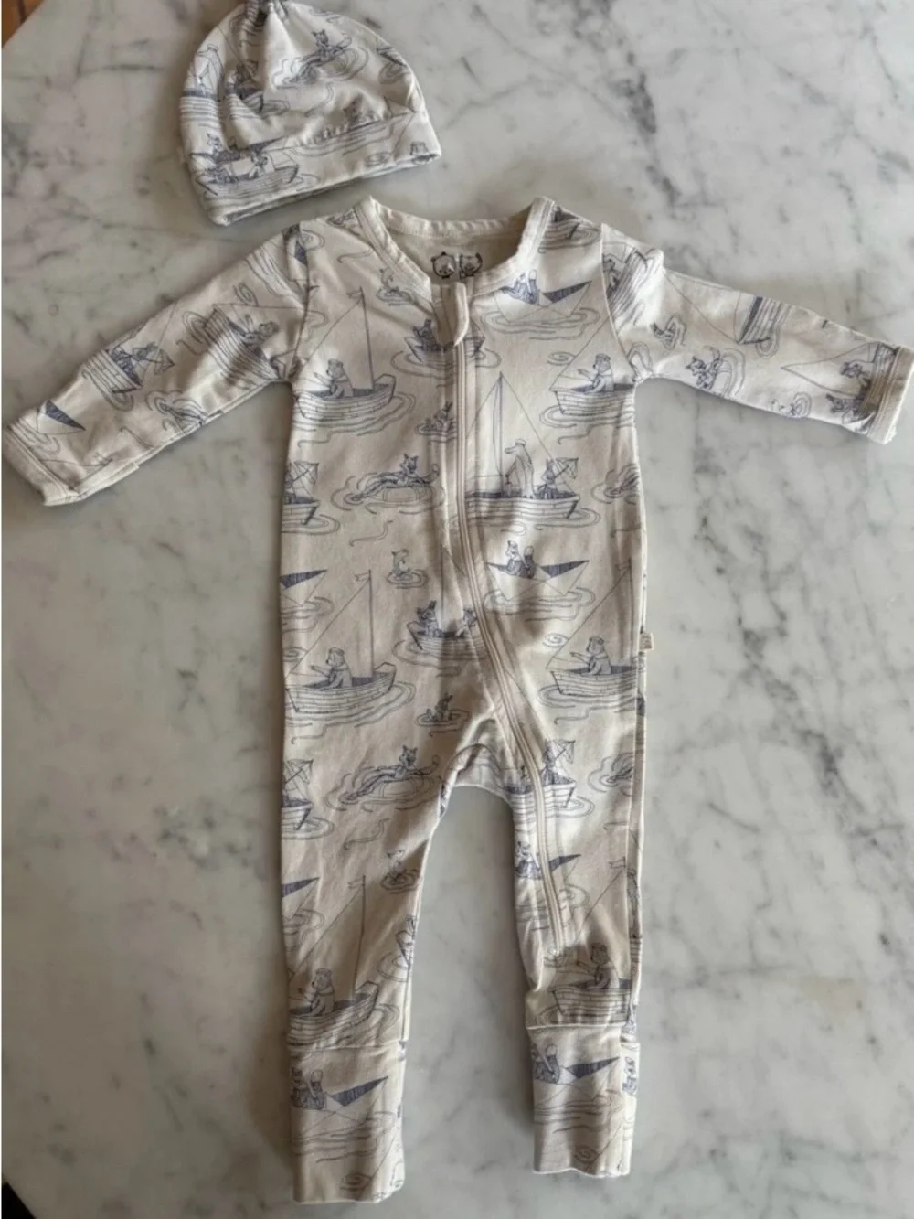Cream and Light Blue Boat-Print Footie with Matching Hat
